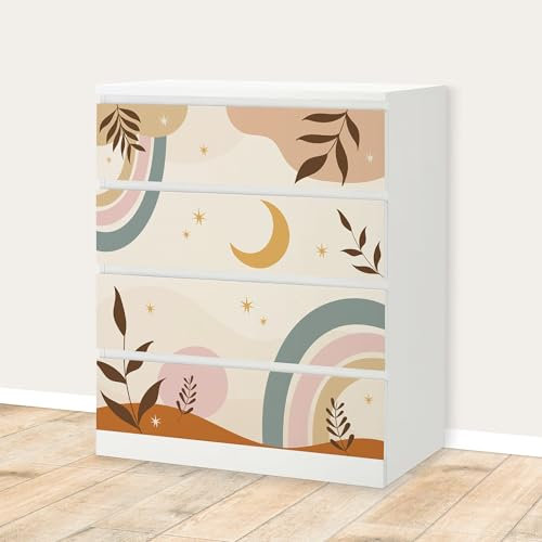 Unik Nordic Aufkleber Set Boho Formen für MALM Kommode mit 80 cm Schrankbreite, 4 Schubladen-Folien, Sticker für Schrank, Möbelfolie fürs Kinderzimmer, Schrankfolie für Kinder