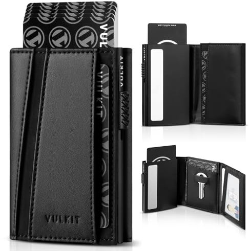 VULKIT Porte-Cartes Minimalist Portefeuille pour Homme Pop Up Étui à Cartes en Métal Blocage RFID avec Poche à Monnaie et Emplacement pour clé de Rechange (Noir)