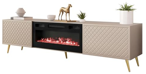 Mirjan24 TV Lowboard Temerra EF mit Elektrischem Kamin, Fernsehschrank, Fernsehtisch, Unterschrank, Realistische LED-Flamme, Mit Deko-Kristallen, Board, Schrank, TV-Bank (Sandbeige)