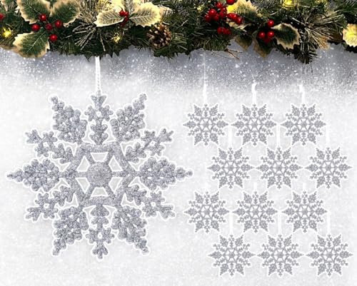 12pk Glitter Snowflake Hanging Decorations, Christmas Tree Snowflake Baubles/Ornaments (Silver)