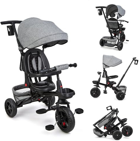 Dreirad 6 in 1 ab 9 Monate bis 5 Jahre, Kinderdreirad, Pedal Dreirad Kinderwagen Faltbar mit Schubstange, 360° Drehsitz, Sonnendach, Leise Räder, für Kinder unter 25kg