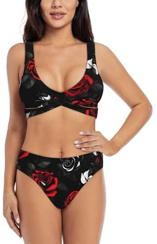 Black White and Red Roses High Waisted Bikini Sets for Women, 2 Piece Swimsuits Women 2024, Stylish and Flattering Design, Black, Medium