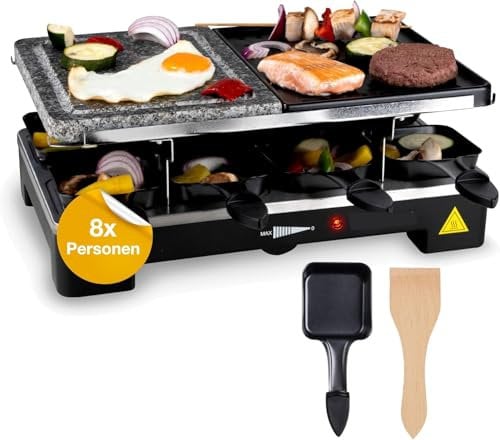 8 Personen Raclette Set - Tischgrill inkl. Pfännchen & Schaber - Grillplatte & Steinplatte antihaftbeschichtet - 1400 Watt - - ECKIG