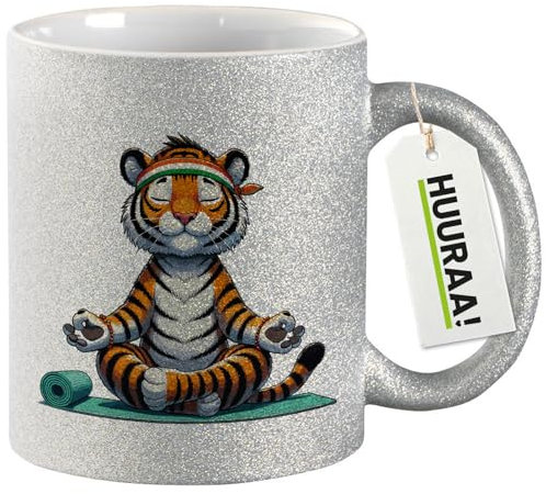 Huuraa Glitzer Tasse Yoga Tiger Comic Geschenk 330ml Silber Yoga Tiger Präsent