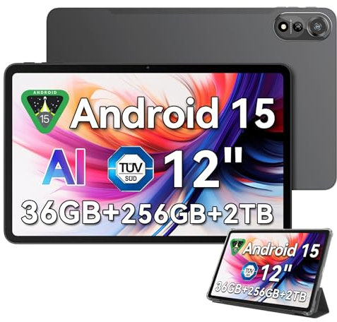 Blackview 12 inch Tablet Android 15 Gaming Tablet with Pen&Case, 36GB + 256GB (Up to 2TB), 2K 90Hz FHD+ IPS Display, 9000mAh/18W, 8MP + 16MP AI Camera, 5G WiFi, GPS- MEGA 2 WIFI, Gray