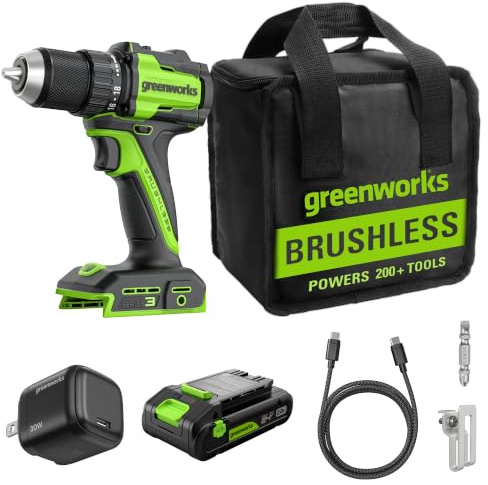 Greenworks 24V Trapano Avvitatore a Batteria 45Nm Brushless Trapano Avvitatore Batteria, luce di lavoro a LED, frizione 18 + 1, batteria USB-C 2.0Ah (12.000mAh), caricabatteria USB-C da 30W DD345