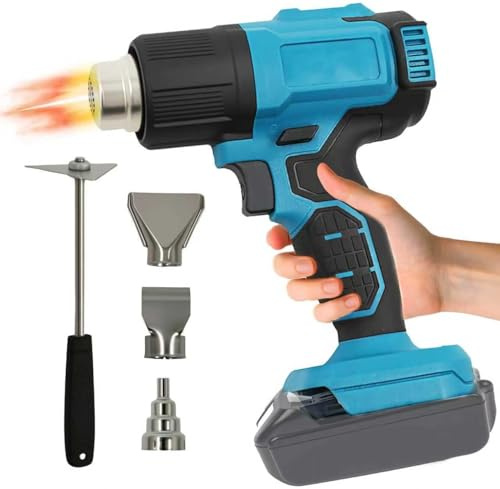 Pistolet à air chaud sans fil compatible avec batterie Makita 18 V, jusqu'à | Chauffage en céramique, temps de chauffe de 2 à 3 s, 2 niveaux de température, mode de verrouillage, 3 buses et grattoir pour