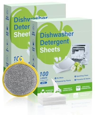 ALONK 200 Stück Spülmaschinen Blätter, Biologisch Abbaubar & Plastikfrei Spülmaschinenblätter mit Spülschwamm(apfelgeschmack)