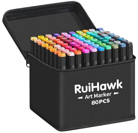 RuiHawk Filzstifte Marker Set, 80+2 Farben Alkohol Marker mit Feinspitze & Breitspitze, 2-Sekunden Schnelltrocknend, Alkohol Stifte mit Anti-Seepage Abstandshaltern für Malerei, Design