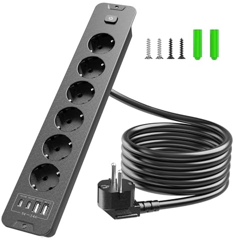 Inhwatek Einbausteckdose mit USB (PD 20W), 6-Fach Steckdosenleiste, 10-in-1 Versenkbare Tischsteckdose, Mehrfachsteckdose mit 2M Kabel Für Küche Büro Arbeitsplatte, 16A/3680W