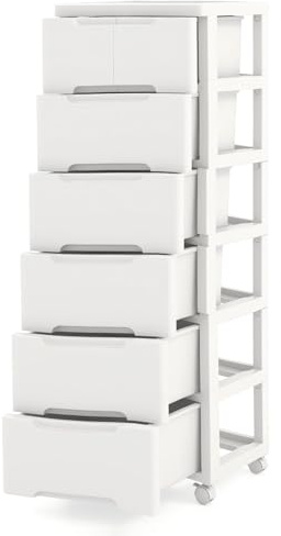 KOMFOTTEU Schmaler Nischenschrank auf Rollen, mit 6 Schubladen | Platzsparender Rollschrank, Nischenregal auf Rollen, Rollwagen für Küche und Badezimmer, 40 x 32 x 114 cm