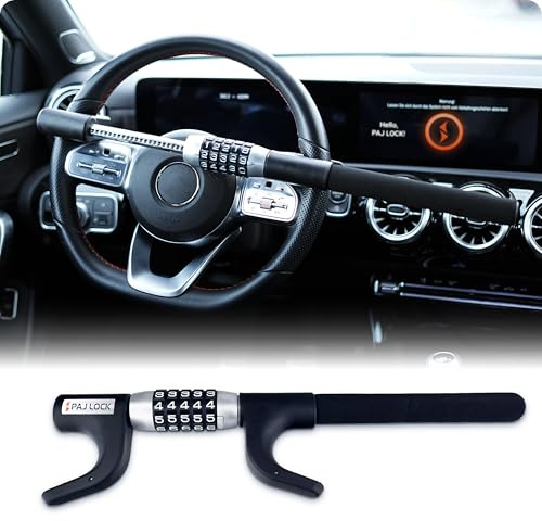 PAJ LOCK Bloccasterzo Universale per Auto, SUV, Furgoni e Camion - Ganascia Volante Regolabile, Antifurto Meccanico con Codice a 5 Cifre, Martelletto per Emergenza ed Autodifesa