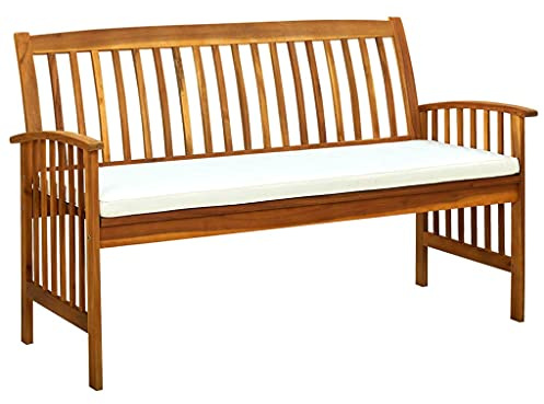IBUQDDV Gartenbank mit Kissen 147 cm Massivholz Akazie, Wetterfeste Holzbank mit Armlehnen für Terrasse und Außenbereich, Bequeme Polsterbank mit Ölbehandlung für Langlebigkeit