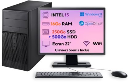 PC Tour Reconditionné Intel Core i5 3.4GHz — Écran 22 Pouces • RAM 16 Go • SSD 250 Go + HDD 500 Go • Windows 11 Pro • Wi-FI — Garantie 12 Mois