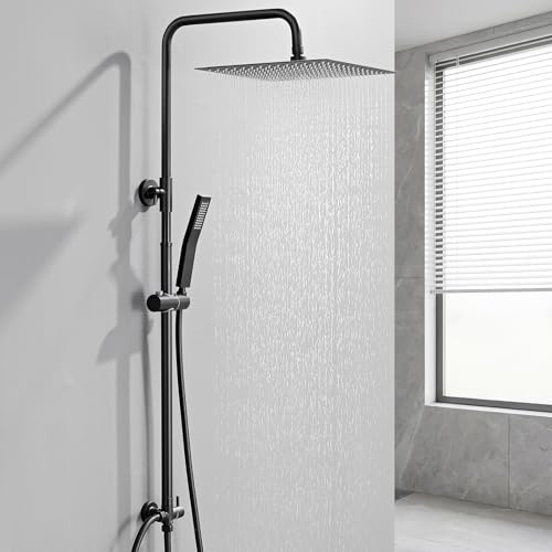 Auralum Regendusche Schwarz ohne Armatur,Regenduschkopf 30x30CM,Edelstahl Handbrause,Höhenverstellbar Duschstange,Messing-Umschaltventil,Eckig Duschsystem Komplettset für vorhandene Bohrlöcher