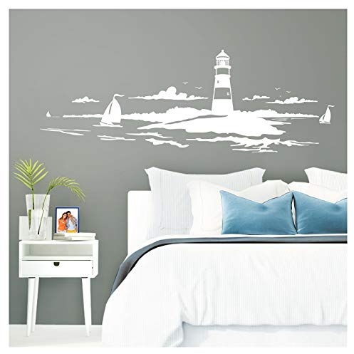 Grandora Skyline Küstenlandschaft Leuchtturm I weiß 120 x 42 cm I Bad Wohnzimmer Schlafzimmer Aufkleber Wandaufkleber Wandsticker Modern W974