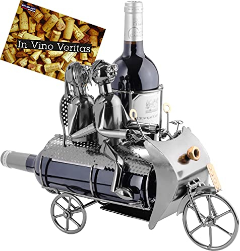 BRUBAKER - Porte-Bouteille de vin - Couple & Chien à Moto Side-Car - Sculpture en Métal - Carte de voeux INCL. - Idée Cadeau Originale
