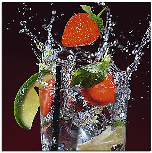 ARTland Wanddeko Glasbilder Wandbild Glas Bild einteilig Quadratisch Früchte im Wasser Cocktails Frucht Bar Erdbeere Limette EIS Sommer S6BG