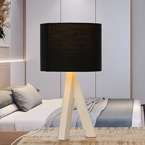Easylight Edle Tischleuchte Holz Fuß Stoff Schirm Schwarz Ø17cm 31cm Nachttisch Lampe Schlafzimmer Wohnzimmer
