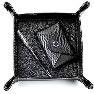 DELMON VARONE - Personalisierbarer Taschenleerer aus Premium Leder Soft Grain schwarz, Schlüsselschale ideal als Ablage für Schmuck, Kleingeld, Handy und Schlüssel, Elegante Echtleder Ablageschale