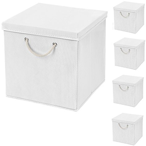 CM3 5 Stück Weiß Faltbox 30 x 30 x 30 cm Aufbewahrungsbox faltbar mit Kordel und mit Deckel