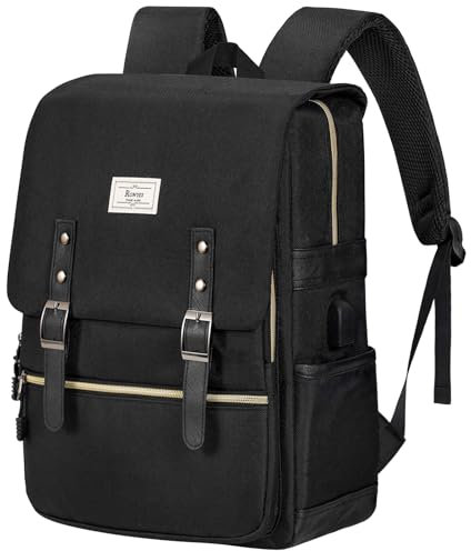 Ronyes Zaino vintage per computer portatile da 15,6 pollici, stile casual, con porta di ricarica USB, per lavoro universitario, zaino nero