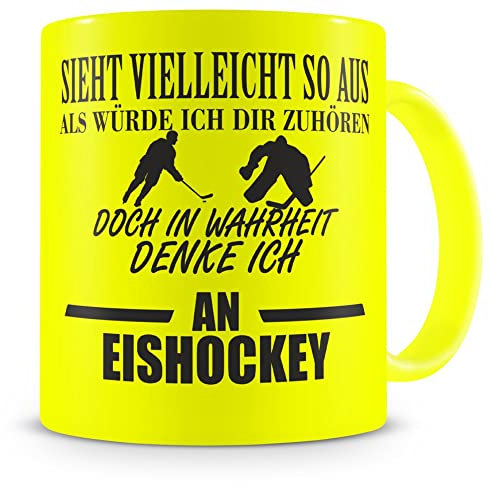 Samunshi® Ich denke an Eishockey Tasse Kaffeetasse Teetasse Kaffeepott Kaffeebecher Becher H:95mm/D:82mm neon gelb