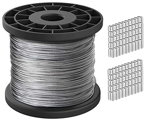Cuerda de Alambre 1/16, Cable de Acero Inoxidable 304, 100 m de Longitud, 167 KG de Resistencia a la Rotura con 100 Piezas de Abrazaderas de Engarce de Aluminio, Manga de Bucle