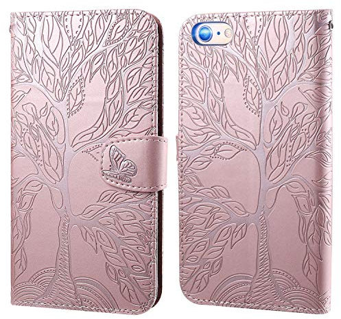 Ailisi Cover per iPhone 6 Plus/iPhone 6s Plus (5,5 Pollice), Disegno in Rilievo con Albero e Farfalla Flip Cover Elegante Custodia in Pelle, Portafoglio Case con Funzione Supporto -Rosa