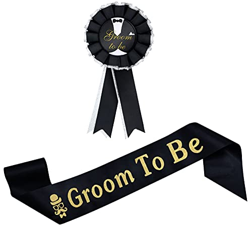 AIBAOBAO 2 Stücke JGA Deko Männer, Bräutigam Schärpe Abzeichen Satz inklusiv Bräutigam Satin Schärpe Bräutigam, Groom to Be Schärpe für Junggesellenabschied, Verlobung Engagement Feier Zubehör Bedarf