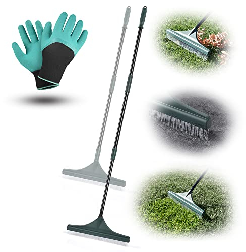 Artificial Turf Rake - Great for Removing Leaves, Debris and Pet Hair - Designed for Artificial Turf & Carpets - Adjustable 3 Section 63 Telescopic Steel Handle and 18” Wide Brush - Including Gloves