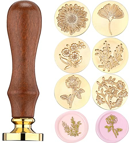 Wachs Siegel Stempel Set, Blumen Botanisches Siegel Stempel Set, Hochzeit Briefmarken, Holz Griff mit Rosenblatt Messingkopf für Hochzeit Grußkarten Planer Tagebuch, 6 Stücke