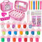Chennyfun Kids Nail Varnish Set For Girls, 20 Colors Non-Toxic Peel-off Safe Water-Based Quick Dry Nail Polish Set with Nail Files, Nail Stickers, Glitter, Unicorn Vanity Case, Unicorn Gifts for Girls