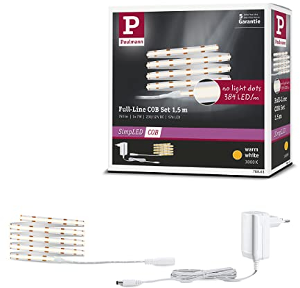 Paulmann 78861 SimpLED LED Strip Full-Line COB Komplettset 1,5m 7W 750lm 384LEDs/m 3000K 12VA Weiß Metall