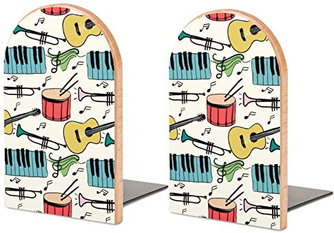 Packung Mit 2 Buchstützen Piano-Gitarren-Drum-Pattern Rutschfester Bücherständer Aus Holz Bücherregal Bücherhalter Für Home Desk Office Library