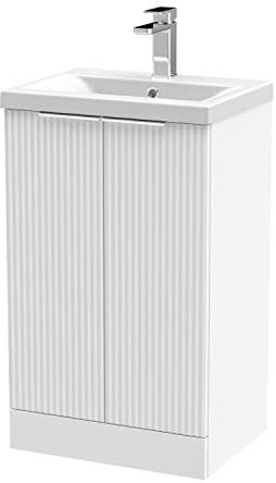 Hudson Reed DFF123A Fluted Modern Bathroom Floor Standing 2 Door Vanity Basin Unit with Mid-Edge Ceramic Basin, 500mm, Satin White