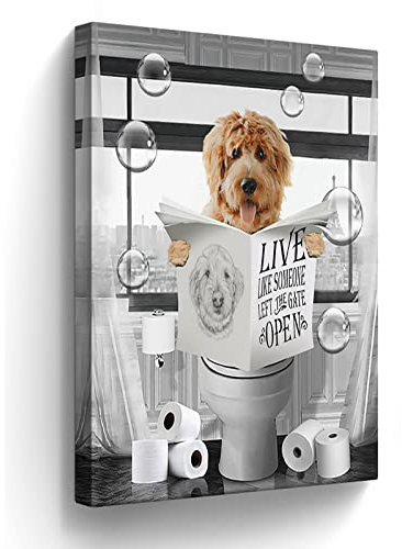 Kateflower Lustiger Hund sitzend auf der Toilette, Badezimmer-Dekor, Wandkunst, Schwarz-Weiß, Bilder, Bauernhaus-Tiere, Gemälde für Kunstwerke, gerahmt, 40,6 x 61 cm, Teddy-Hund