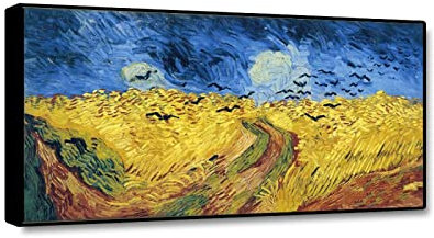 JZSDGB Schwarzgerahmt-Van Gogh Bilder Leinwand|Bild Auf Keilrahmen|XXL-Abstrakte Wandkunst Bilder|Wandbild Poster Kunstdruck Als Leinwandbild|Wand-Bilder(Weizenfeld mit Krähen) 90x180cm(35x71in)