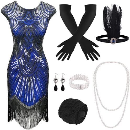 PLULON 1920er Pailletten-Perlen besetztes Flapper-Kleid mit Fransen und 20er-Accessoires-Set (Blau)