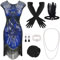PLULON 1920er Pailletten-Perlen besetztes Flapper-Kleid mit Fransen und 20er-Accessoires-Set (Blau)
