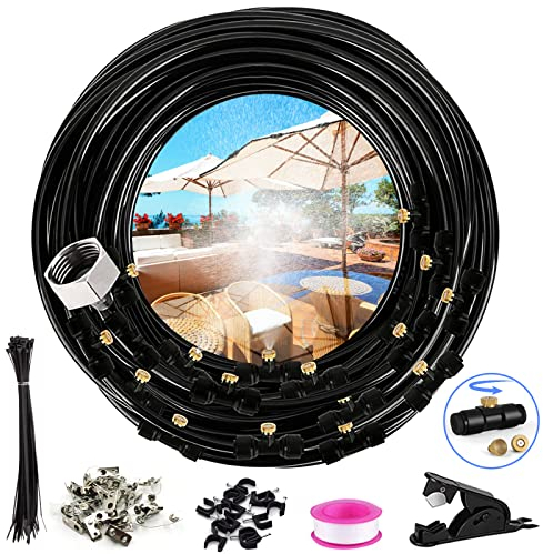 15M (50Ft) Sistema de Riego por Nebulización, Nebulizadores para Patio Exterior con 18 Boquillas Metálicas, Sistema de Riego por Nebulización para Jardín, Invernadero, Patio, Ventilador, Paraguas