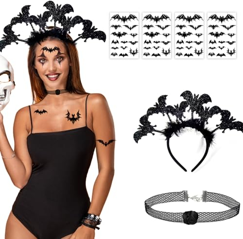 TKGEOUE Spinne Haarreifen,Fledermaus Haarreifen ,Glänzendes Fledermaus Kopfschmuck Halskette,Halskette Spinnen,Halloween Temporäre Tattoos,für Kinder Halloween Party Cosplay. (B)