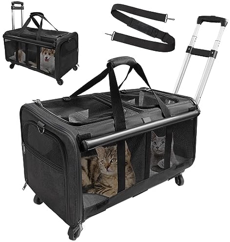GOYJOY Double-Compartment Pet Rolling Carrier with Wheels for 2 Pets,for Up to 35 LBS,Cat Rolling Carrier for 2 Cats,Super Ventilated Design,Ideal for Traveling/Hiking/Camping