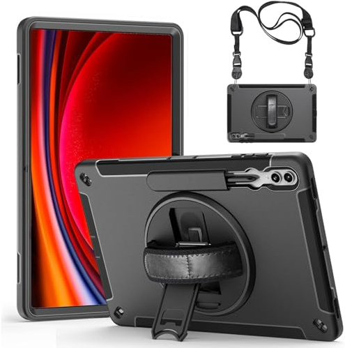 Junfire Case for Galaxy Tab S10 Ultra / S9 Ultra 14.6 inch 2024/2023 (SM-X910/X916), Rugged Protective Case with Rotating Kickstand Hand Strap Shoulder Belt for Samsung S9 Ultra Tablet Case, Black