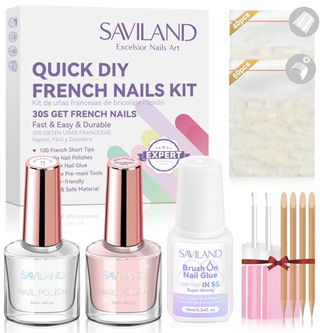Saviland Kit Vernis a Ongle French: Vernis a Ongle Rose, Top Coat Brillant, Colle a Ongle Séchage Rapide, 100PCS Capsules French et Outils Nail Art Complet pour Debutant