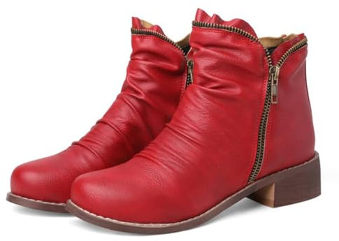 Stivaletti da Donna con Tacco Basso e Grosso,Comodi Stivaletti Invernali con Cerniera Laterale e Punta Tonda,Scarpe Eleganti Casual in Pelle Vintage,Rosso,43 EU