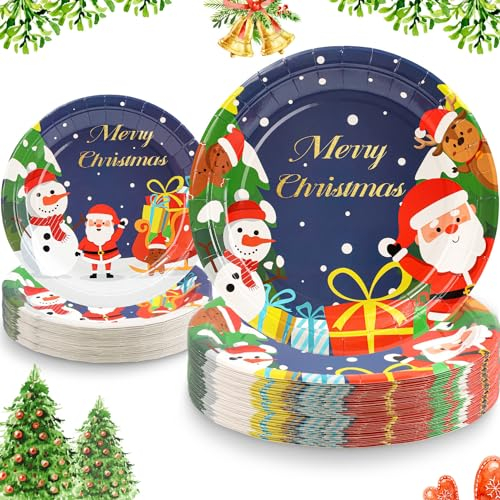 Duocute Piatti di Carta Natalizi Set 40 Pezzi, 23cm(9inch) and 18cm(7inch) Xmas Babbo Natale Pupazzo di Neve Feste Stoviglie di Carta Usa e Getta per la Cena di Natale, Dessert Party-20 Ospiti