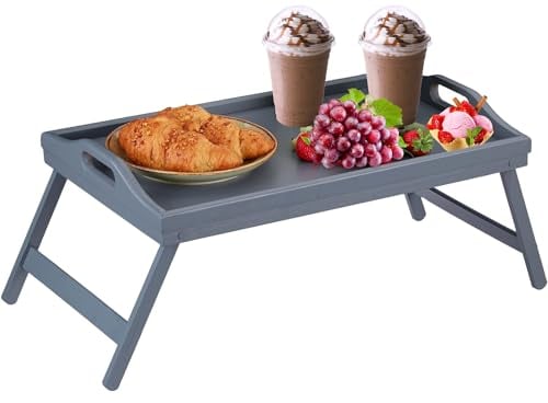 Mantraraj Bamboo Bed Table with Foldable Legs And Handles Multipurpose Laptray & Bed Tray For Breakfast in Bed,Sofa,Eating,Platters,Working,Serving,Drawing,Laptop Stand&Snack Tray- Grey 60.5Wx30Lx 23H