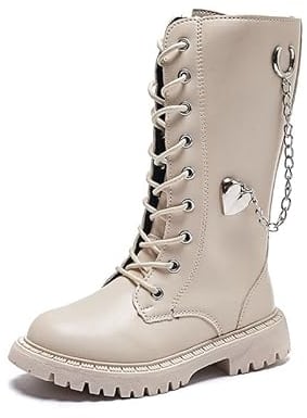 FM2018XSL Stivali Alti Per Bambini in Stile Inglese, Stivali Lunghi da Principessa Della Catena Dell'amore,Blanc,35