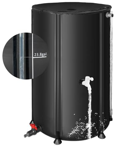 Barili per la pioggia per raccogliere l'acqua piovana dalla grondaia, sistema di raccolta dell'acqua piovana, barile pieghevole, include filtro due beccucci e kit di troppopieno (100 galloni, nero)